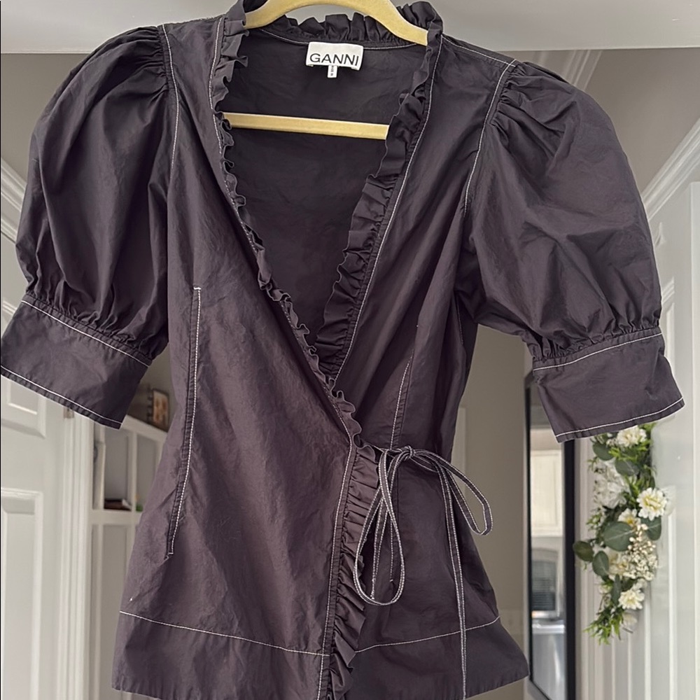 Ganni Poplin Black  Puff Sleeve Wrap Blouse